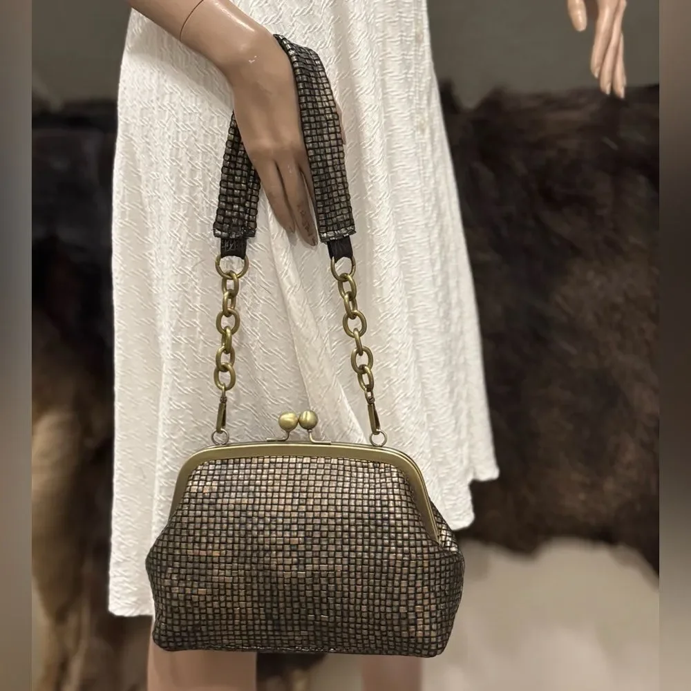 Vintage Style Distressed Woven Cowhide Handmade Kisslock Bag/Multi Use Style Bag